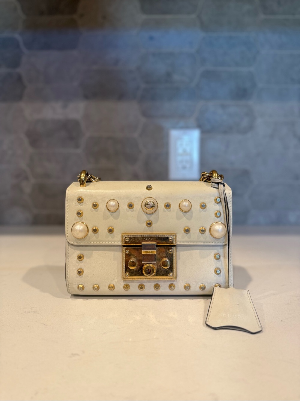 Gucci Calfskin Studded Small Padlock Shoulder Bag White